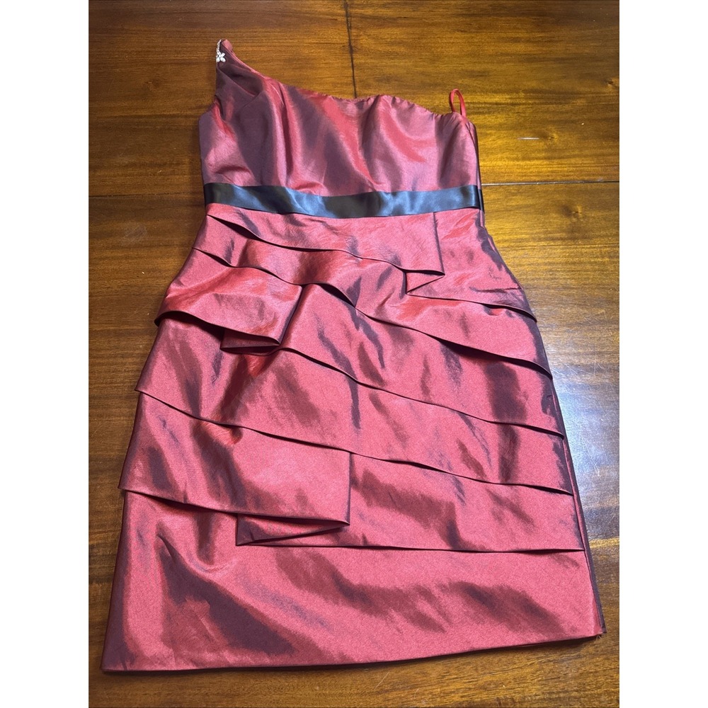 NWT Impression Red Satin Formal Cocktail Dress Size 12 Jeweled Shoulder MSRP$200
